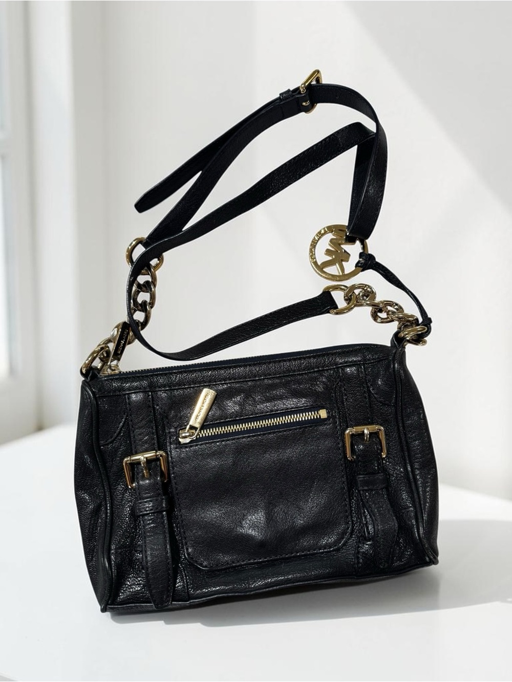 Michael Kors Black Pebbled Leather Chain Crossbody Bag Gold Hardware